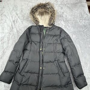 Lauren Ralph Lauren Womens M Down Puffer Jacket Coat Faux Fur Trimmed Hood Warm